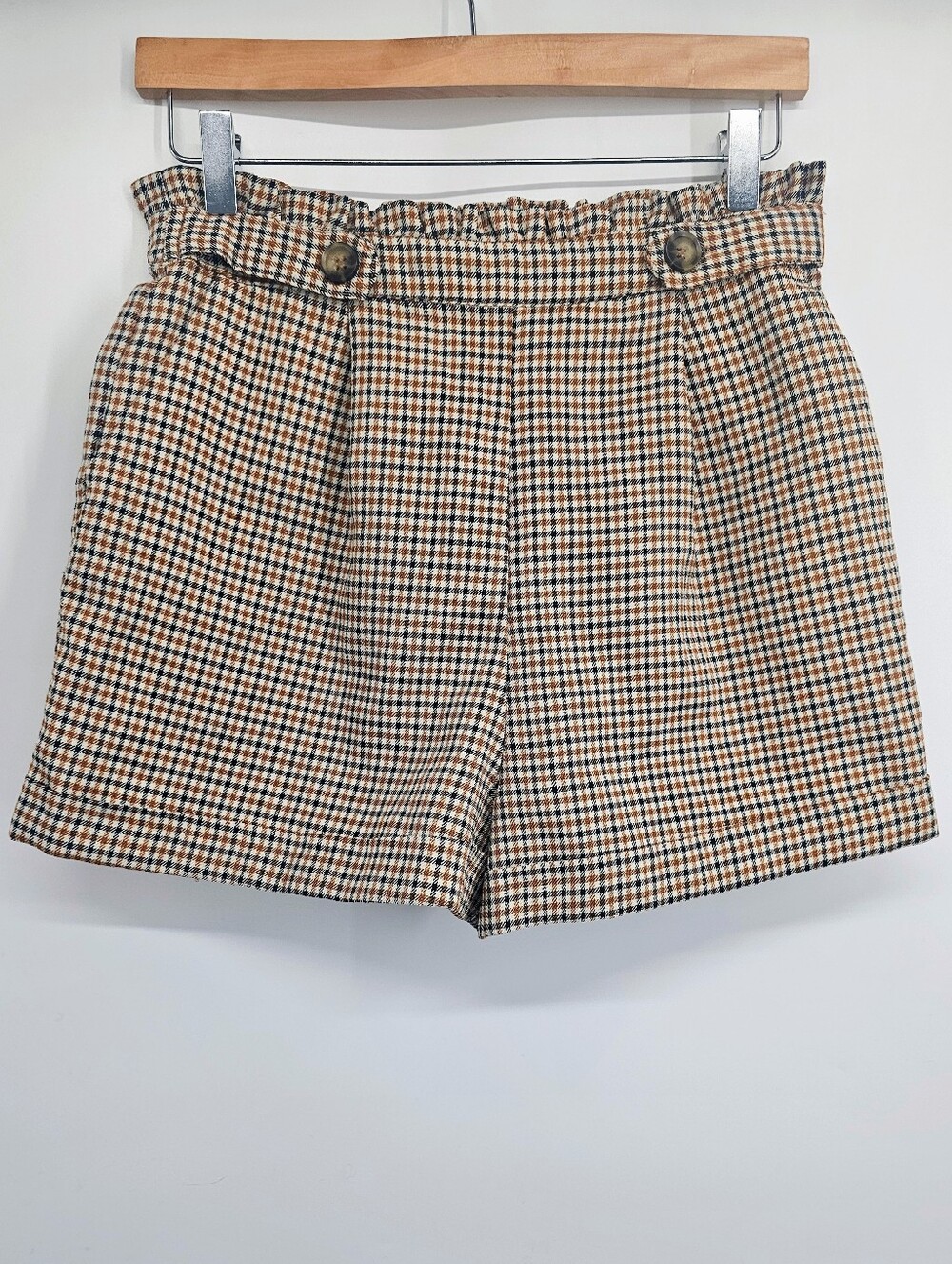 Plaid Paperbag Waist Shorts Medium Gold Brown Houndstooth High Rise Pockets